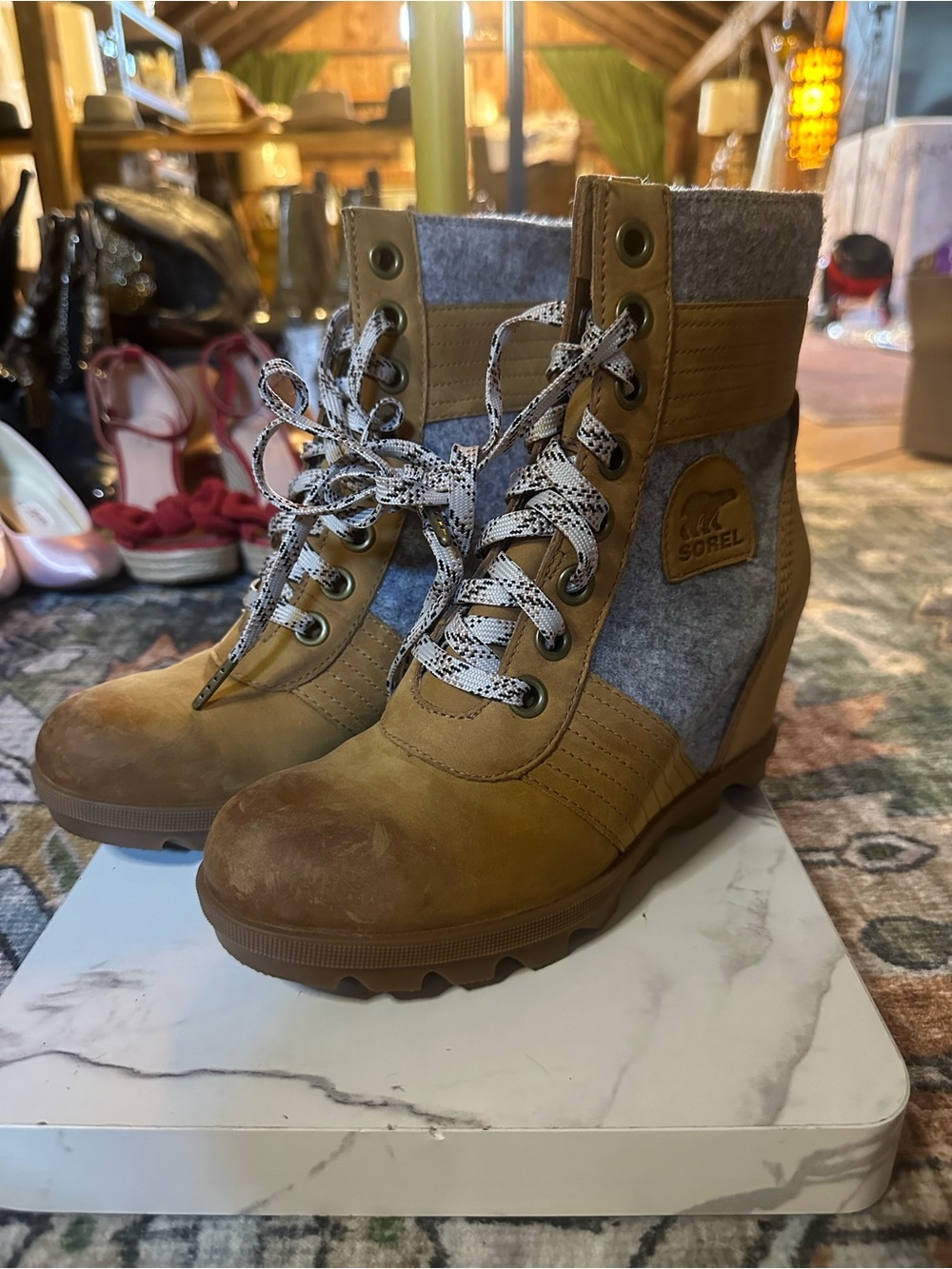 Sorel Women's Tan & Gray Lace-Up Wedge Boots